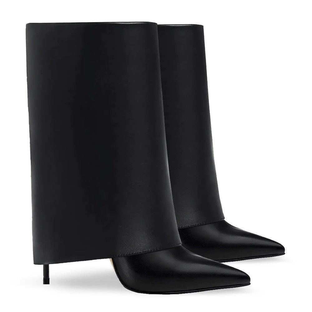 Black leather-look pointed-toe slouch stiletto boots shown as a pair