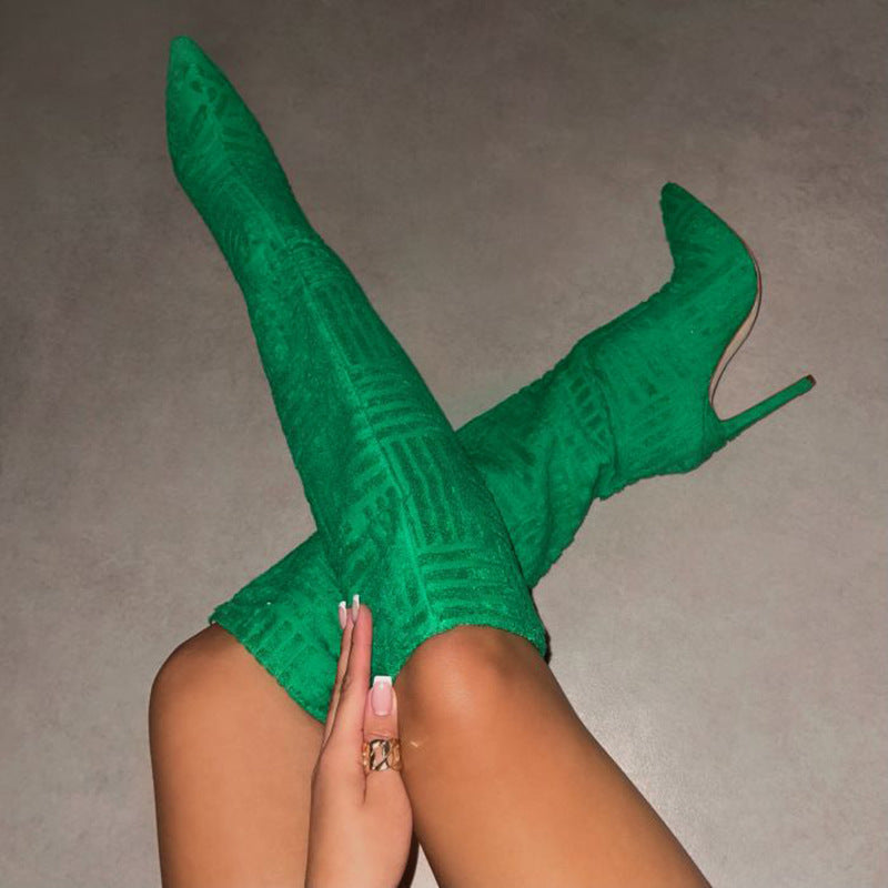 Green Main Character Suede Stiletto Boots worn crossed-leg view