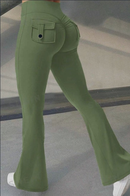 Green Curve Cargo Flare Pants shown from the rear three-quarter view.