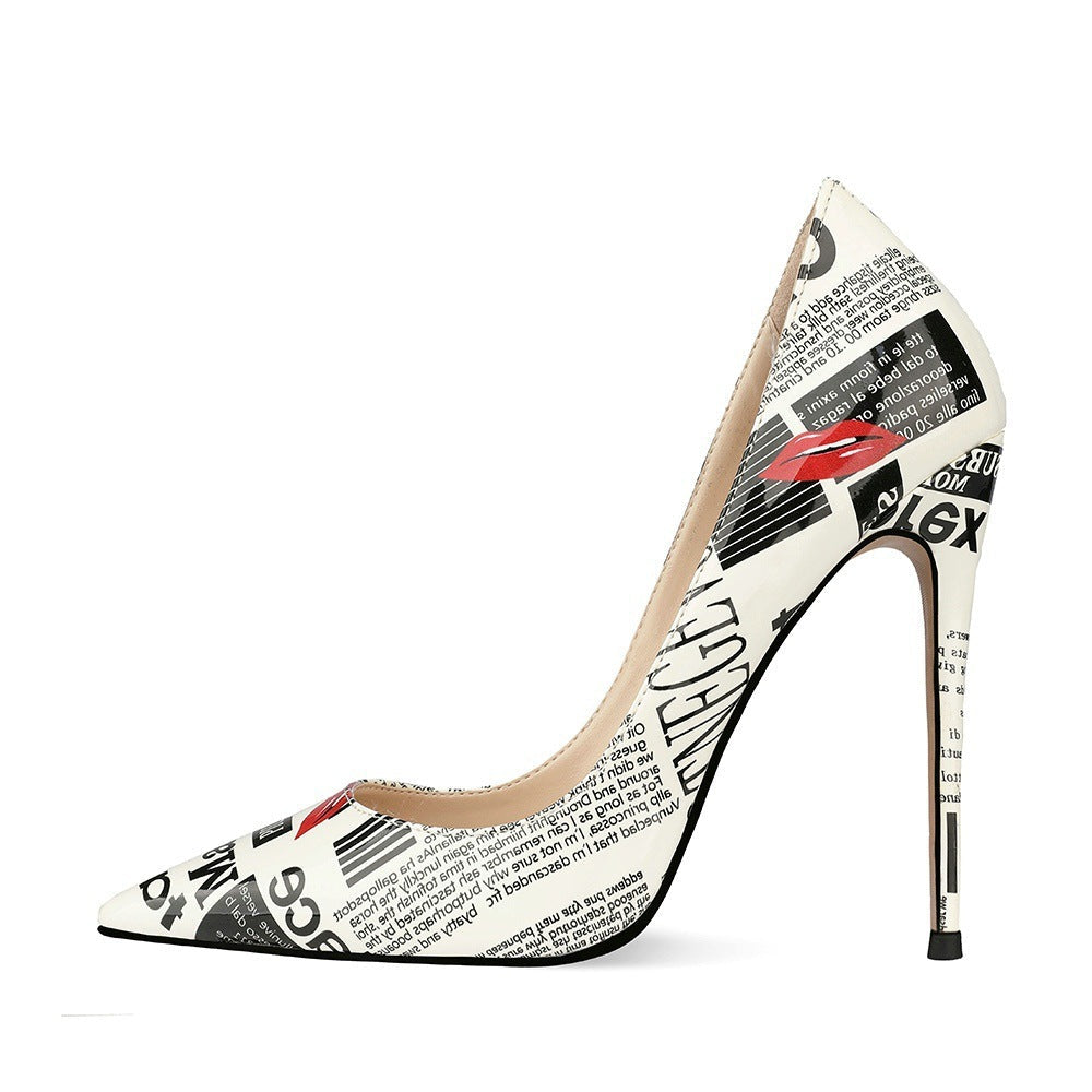 Headline newspaper-print pointed stiletto pump right side profile
