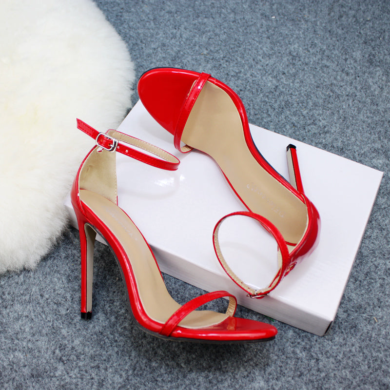 Red Room Barely-There Stilettos glossy red pair with slim toe bands and buckle ankle straps