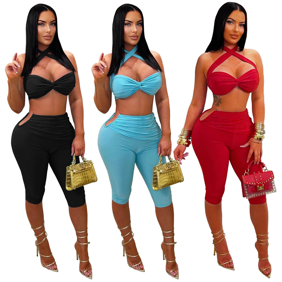 All Tied Up black and blue two-piece fitted shorts sets on model