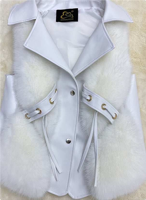 Close front view of the white Soft Power Faux-Fur Vest showing faux-fur panels, lapels, buttons, and grommet-and-tie pocket accents.