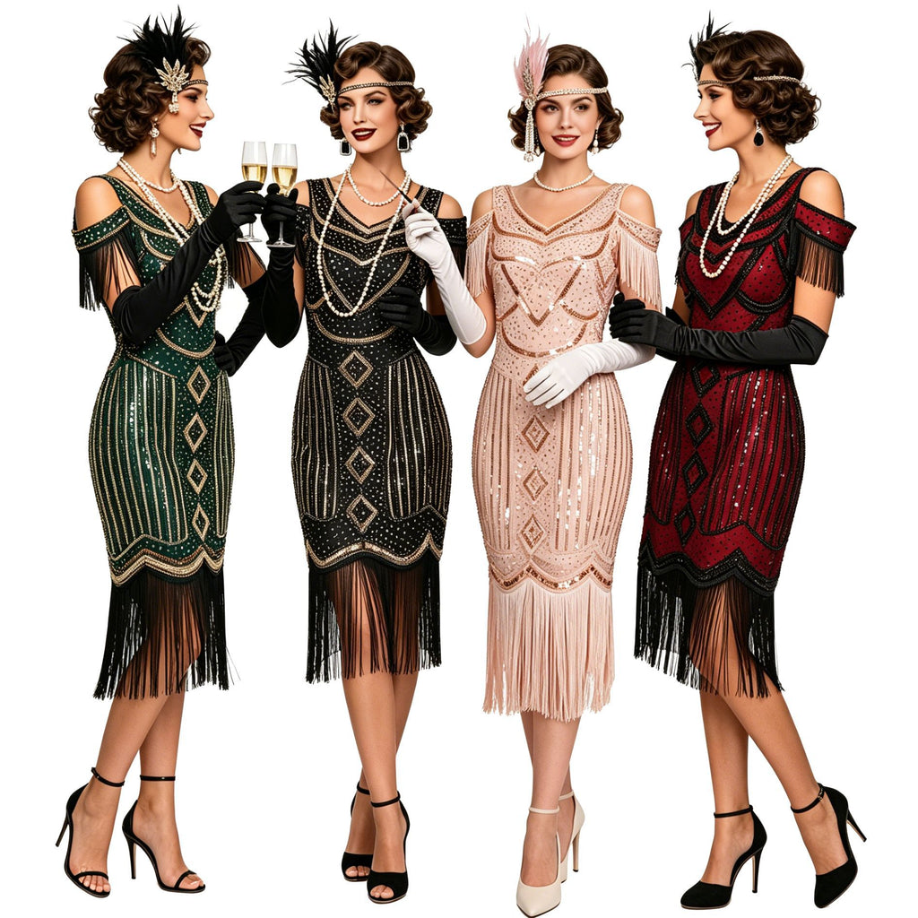 Four adult models wearing Green, Black Gold, Pink, and Red Deco Darling Fringe Dress colorways.