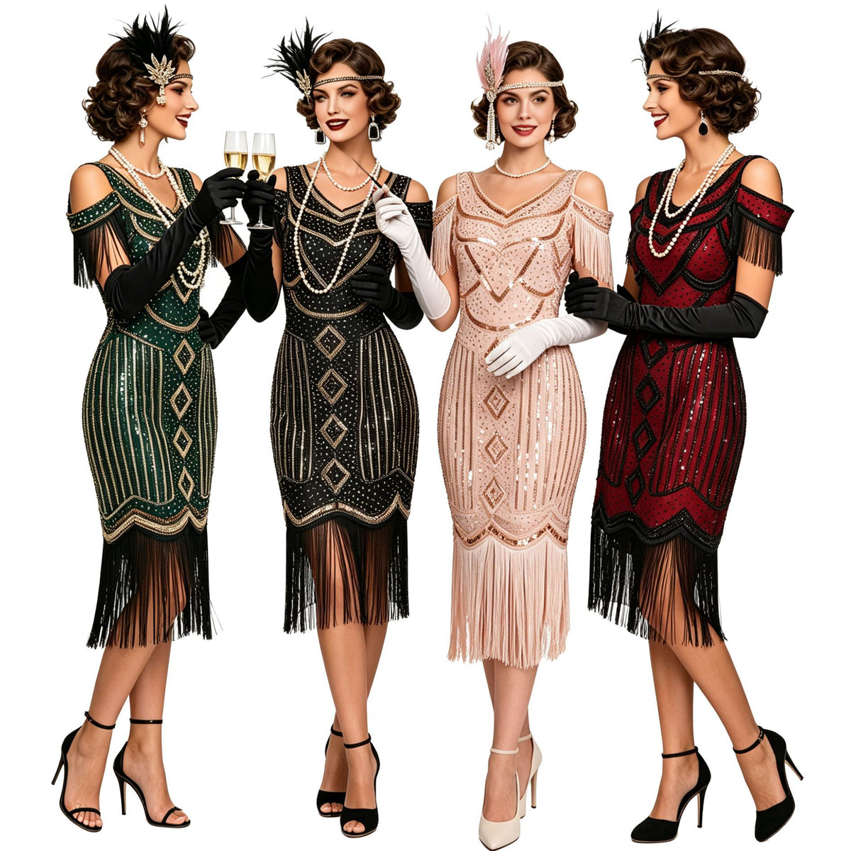 Four adult models wearing Green, Black Gold, Pink, and Red Deco Darling Fringe Dress colorways.