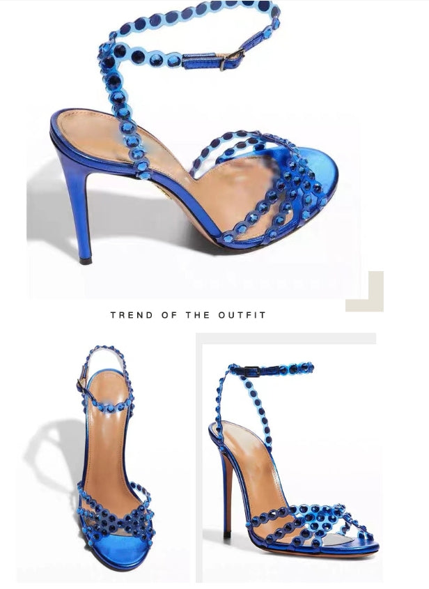 Diamond Socialite Stiletto Sandals supplier reference view 4 showing metallic open-toe stiletto sandals with large clear rhinestone toe straps and ankle wraps