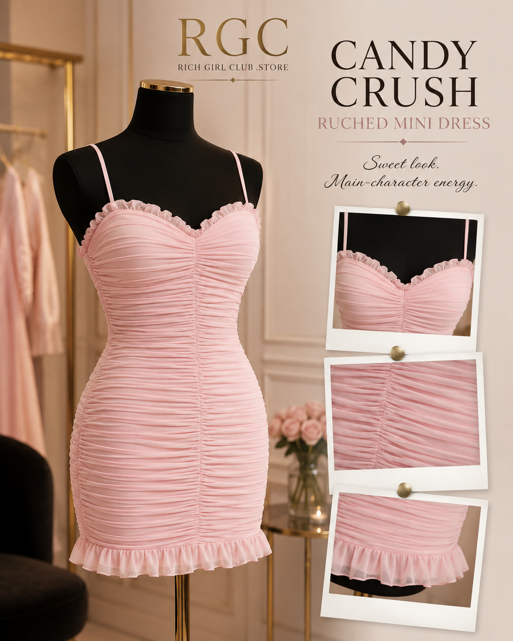 Candy Crush Ruched Mini Dress RGC mannequin and ruched garment details