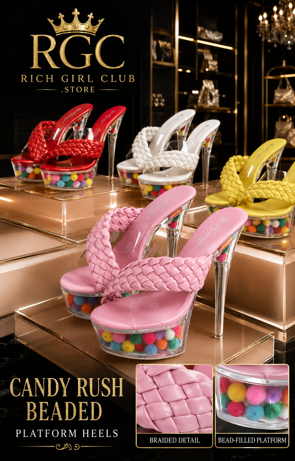 Candy Rush Beaded Platform Heels RGC product detail showing pink, red, white, and yellow colorways
