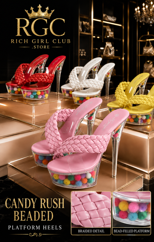 Candy Rush Beaded Platform Heels RGC product detail showing pink, red, white, and yellow colorways