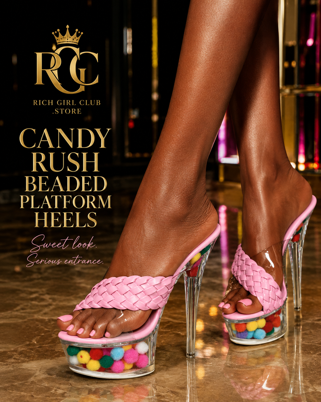 Candy Rush Beaded Platform Heels RGC campaign featuring pink braided clear platform heels