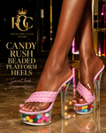 Candy Rush Beaded Platform Heels RGC campaign featuring pink braided clear platform heels