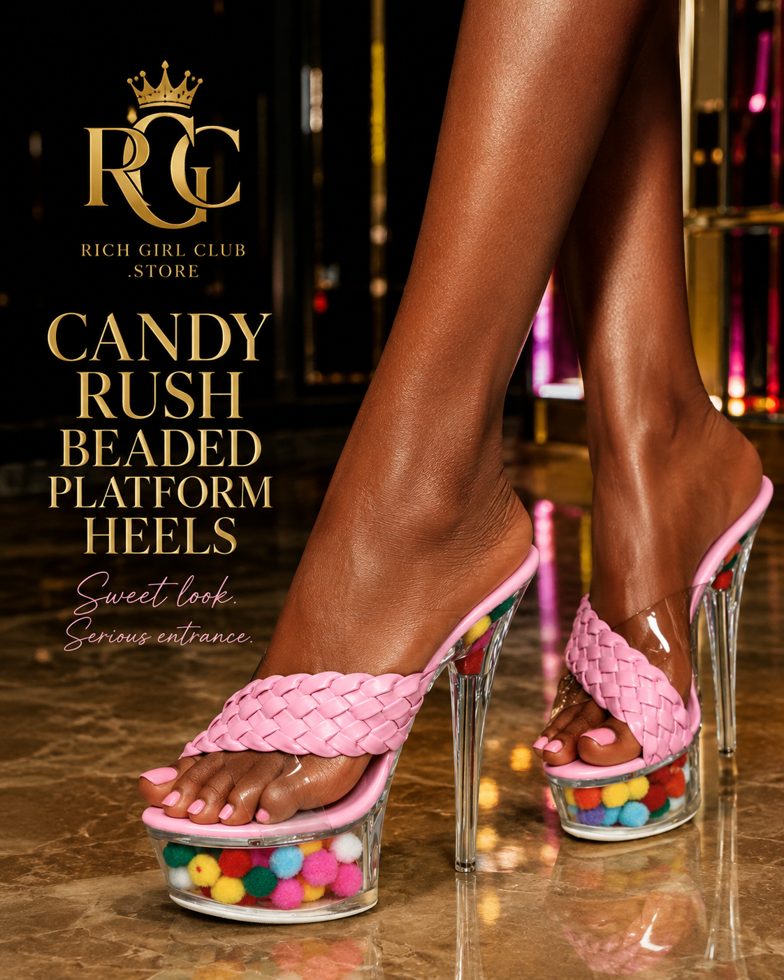 Candy Rush Beaded Platform Heels RGC campaign featuring pink braided clear platform heels