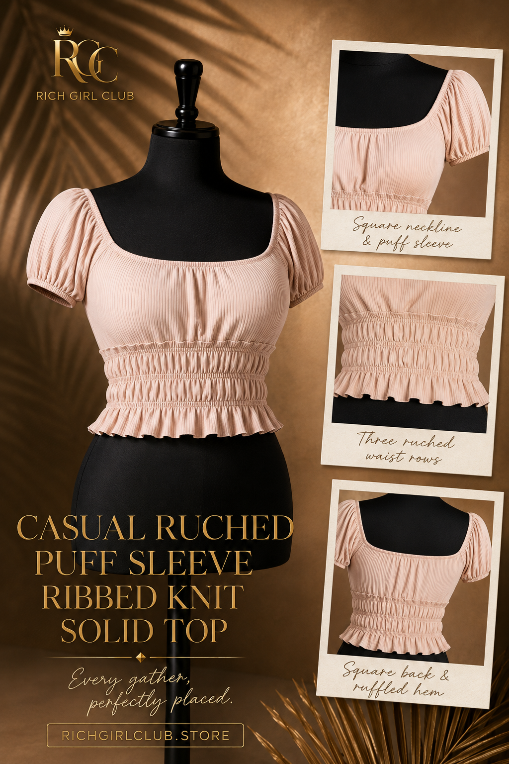 Rich Girl Club mannequin detail campaign for Blush Casual Ruched Puff Sleeve Ribbed Knit Solid Top