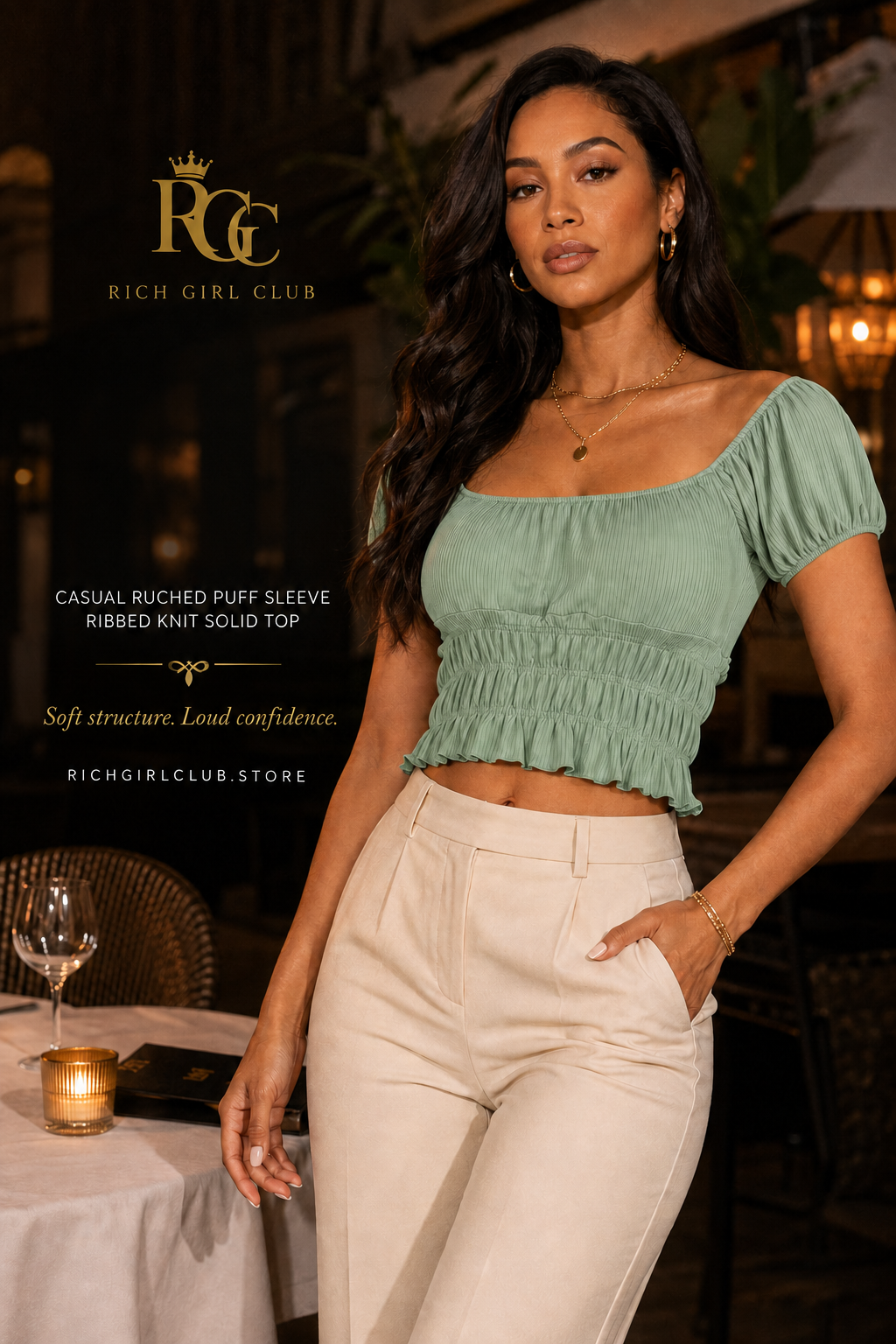 Rich Girl Club campaign model wearing Green bay Casual Ruched Puff Sleeve Ribbed Knit Solid Top