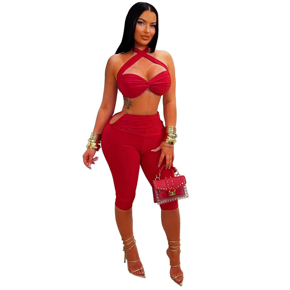 All Tied Up red two-piece fitted shorts set shown twice from the front