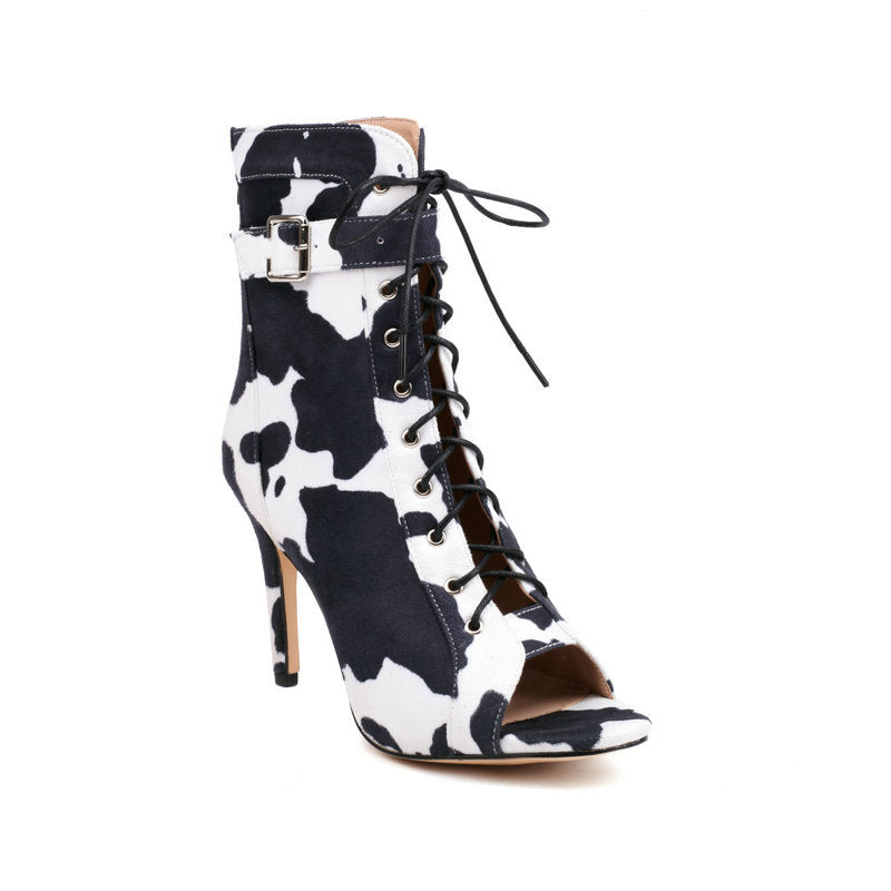 Black-and-white cow-print lace-up stiletto bootie product view