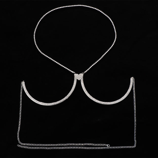 Silver Diamond Detail Body Chain laid flat showing the complete adjustable body jewelry design