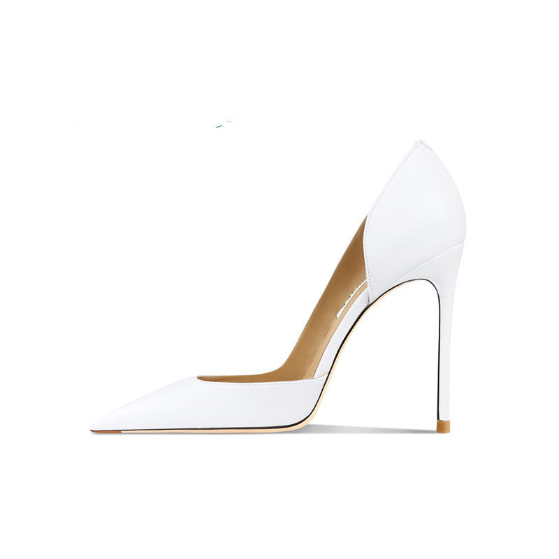 Ivory Authority Cutout Pumps supplier reference view 4 showing white pointed-toe pumps with asymmetrical side cutouts, slim stiletto heels and gold-tone accents
