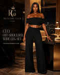 CEO Off-Shoulder Wide-Leg Set in black on a confident adult model in a luxury penthouse office