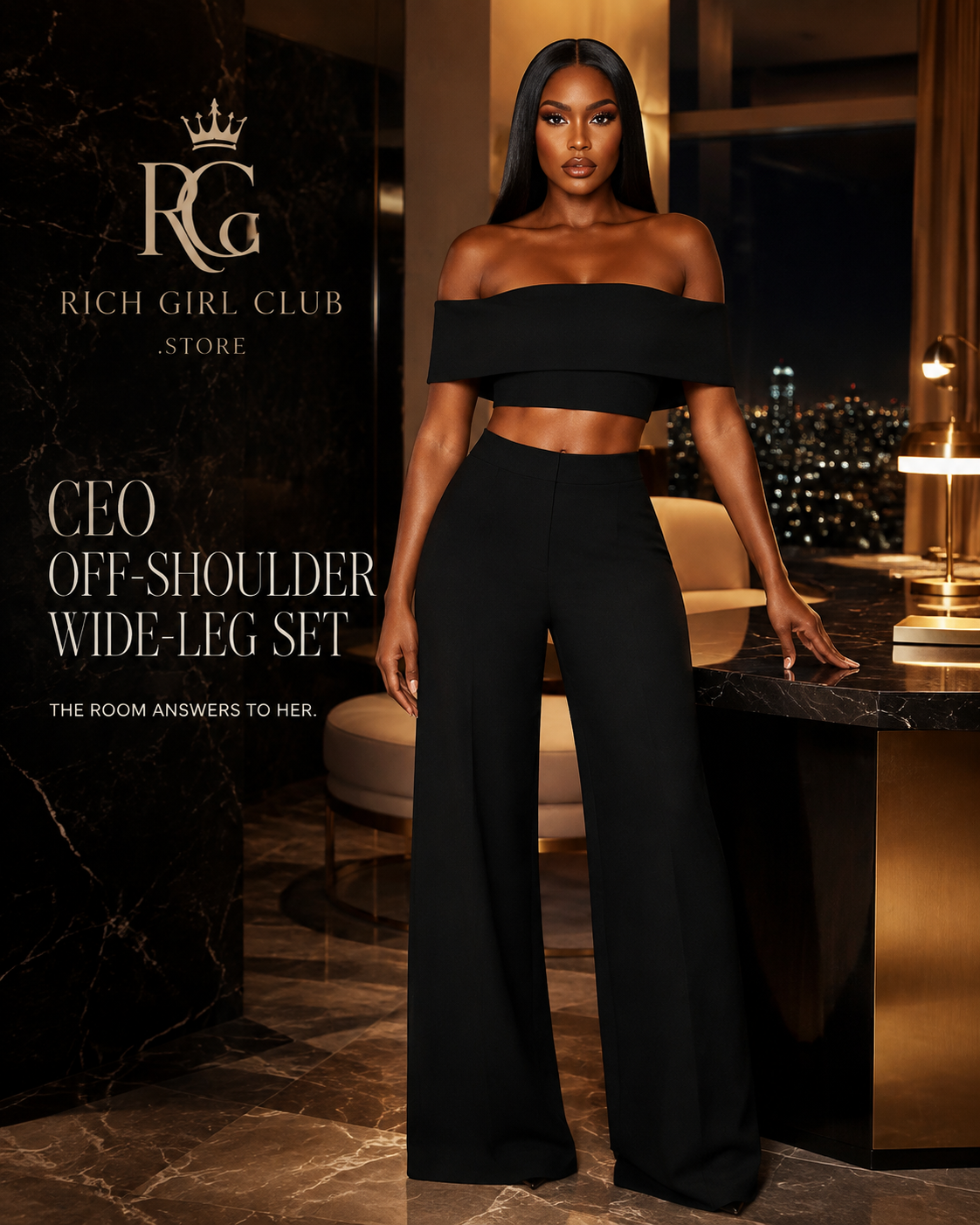 CEO Off-Shoulder Wide-Leg Set in black on a confident adult model in a luxury penthouse office