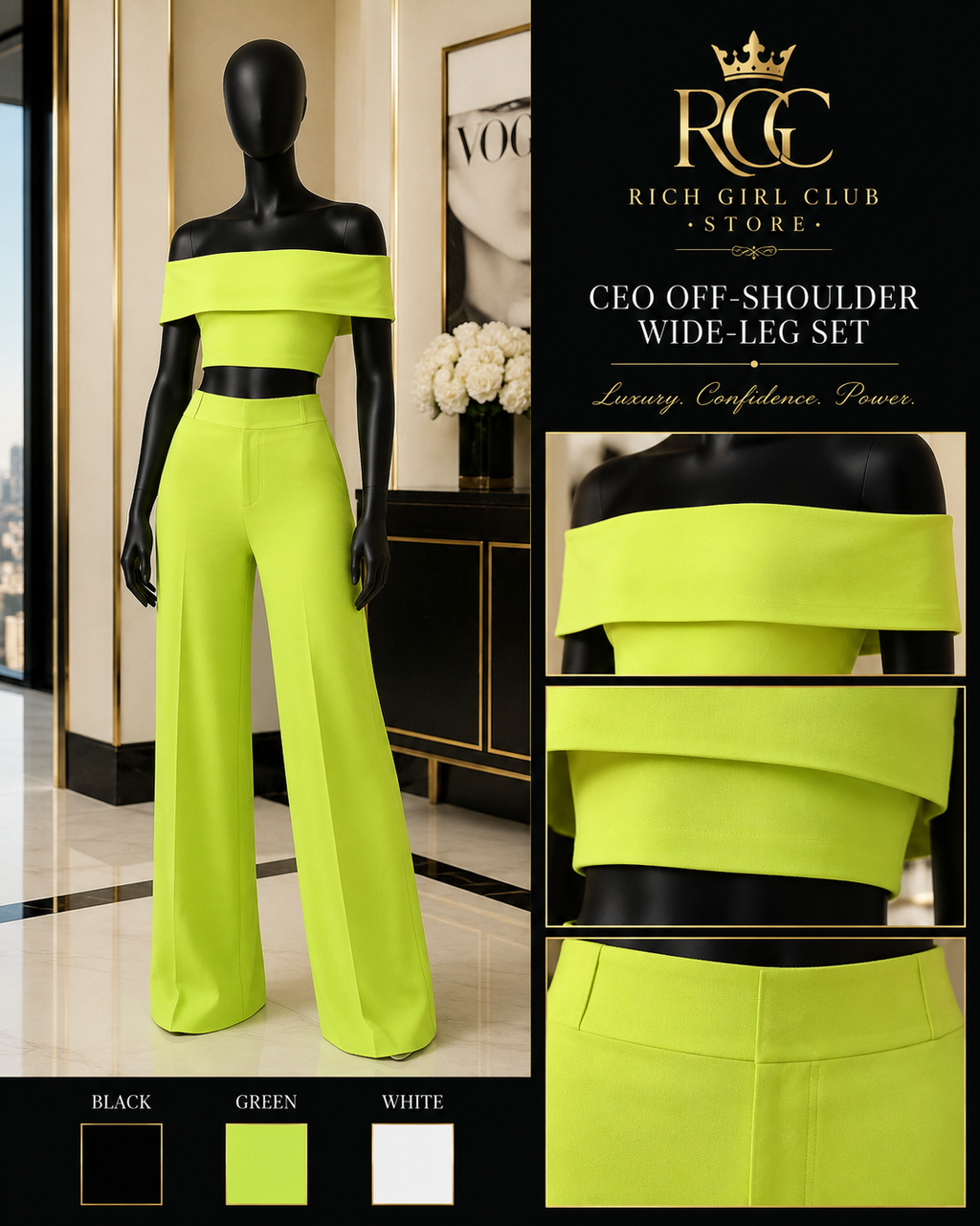 CEO Off-Shoulder Wide-Leg Set in green on a black mannequin with neckline, crop-top and waistband details