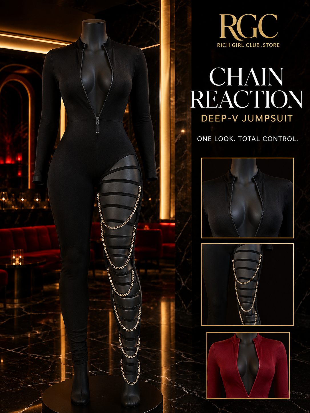 RGC mannequin detail of the black Chain Reaction Deep-V Jumpsuit showing the deep-V zip front, strapped leg cutout, gold-tone chain drapes, and red color detail.