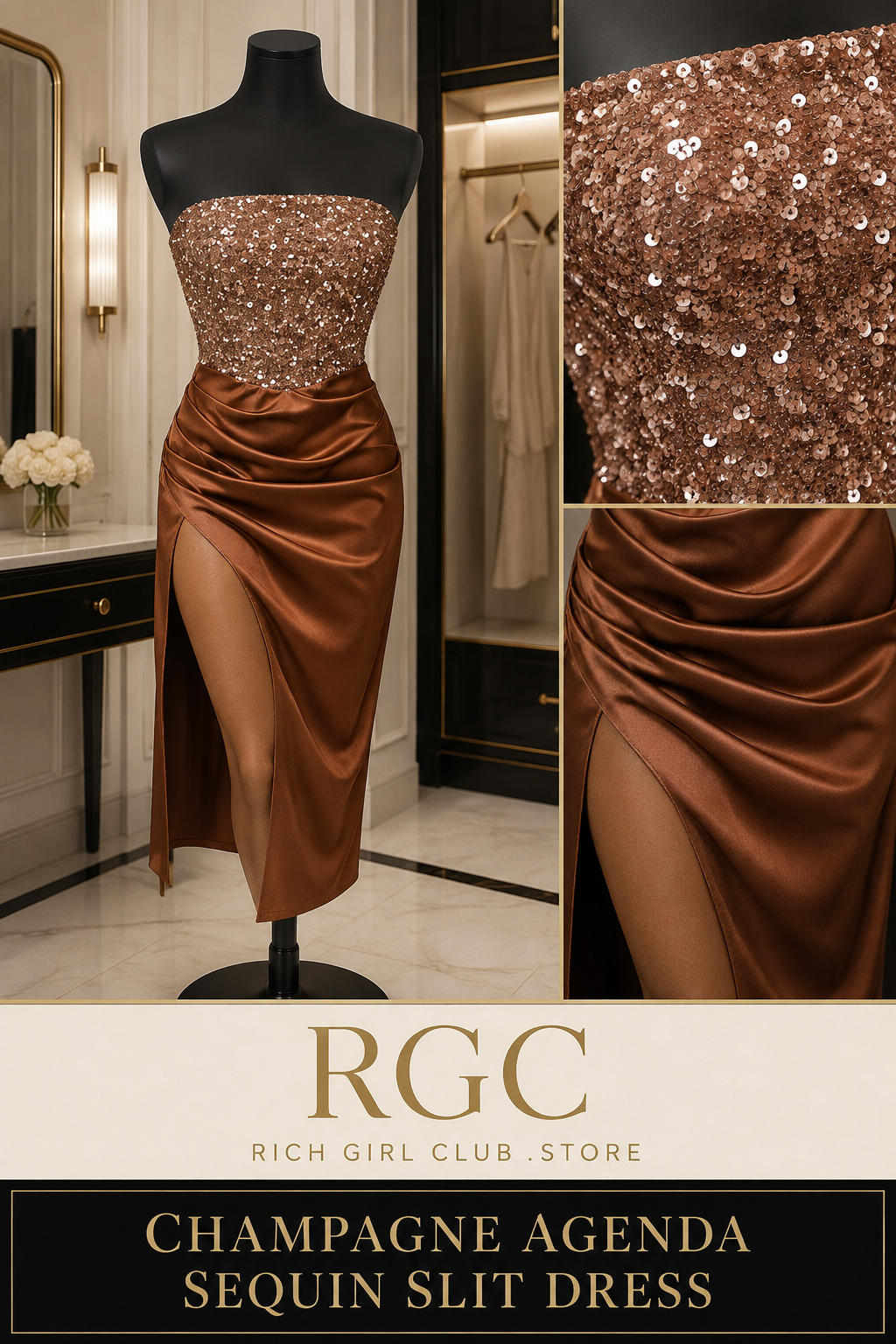 Champagne Agenda Sequin Slit Dress mannequin and product detail