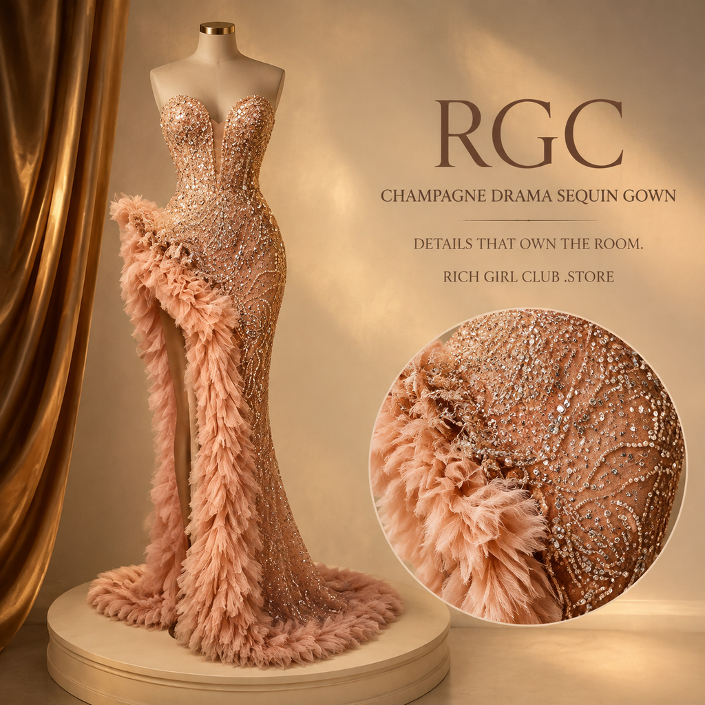 Mannequin detail of Champagne Drama Sequin Gown crystal corset and blush feathered high-slit drape