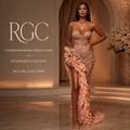 Adult model wearing Champagne Drama Sequin Gown with crystal corset and blush feathered high-slit drape