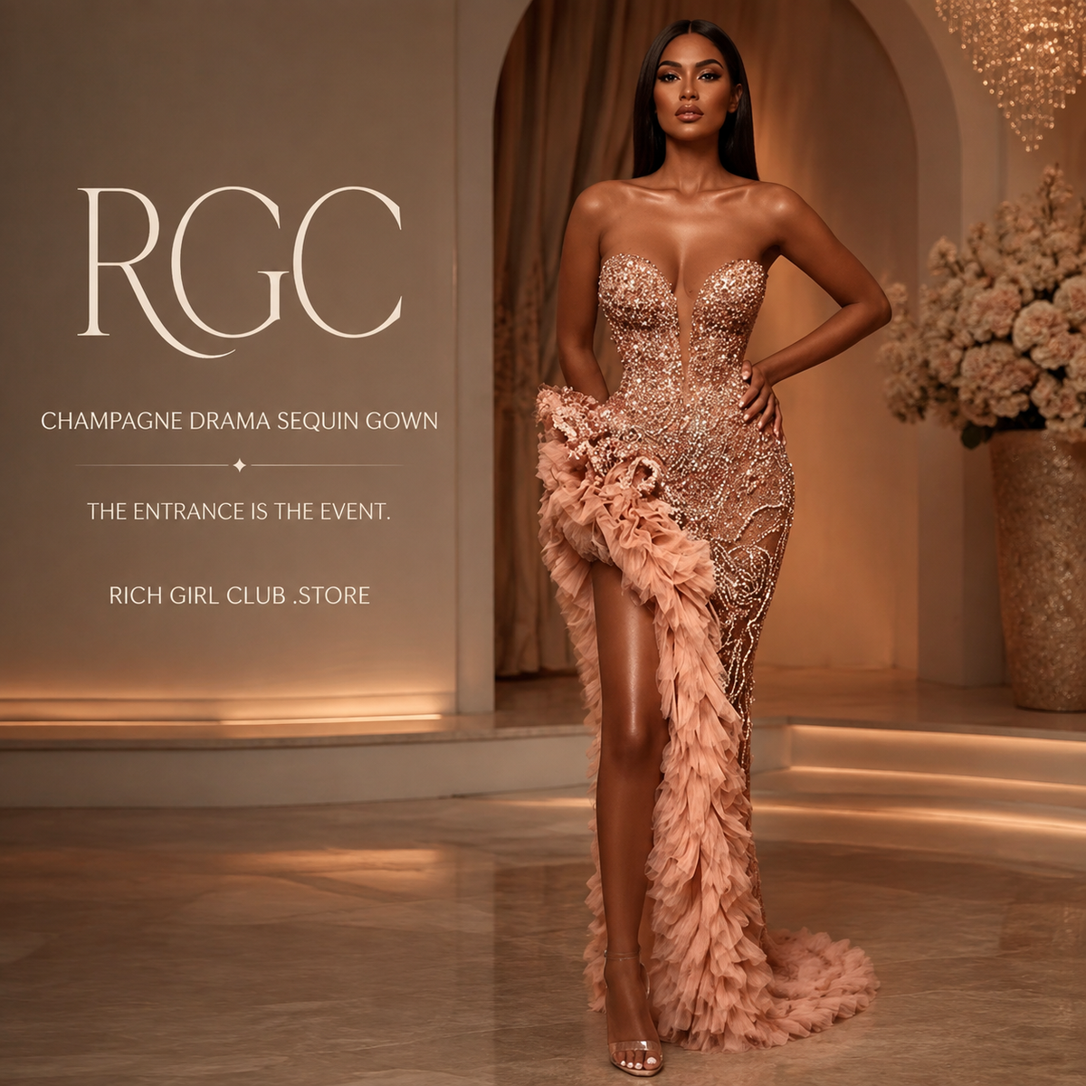 Adult model wearing Champagne Drama Sequin Gown with crystal corset and blush feathered high-slit drape