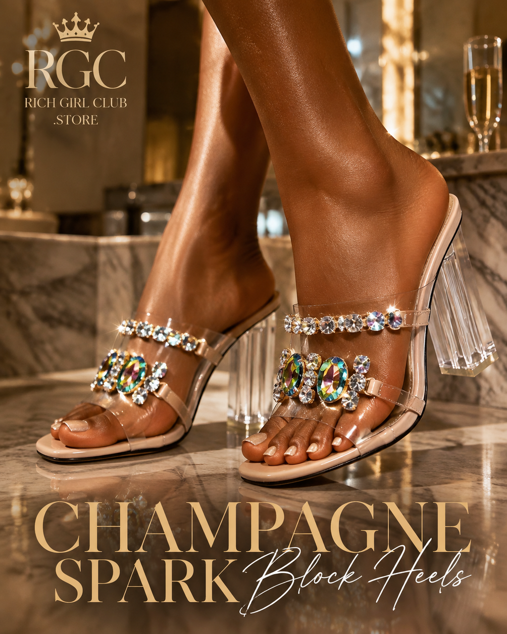RGC close-up campaign of Champagne Spark Block Heels on a model with warm luminous brown skin