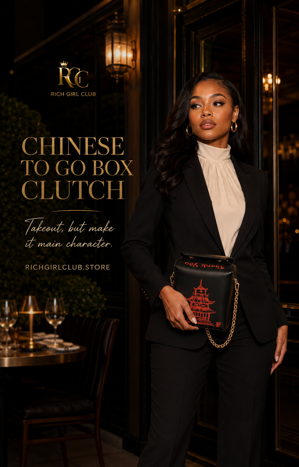 Rich Girl Club campaign model holding the black Chinese To Go Box Clutch with red pagoda graphic and gold chain