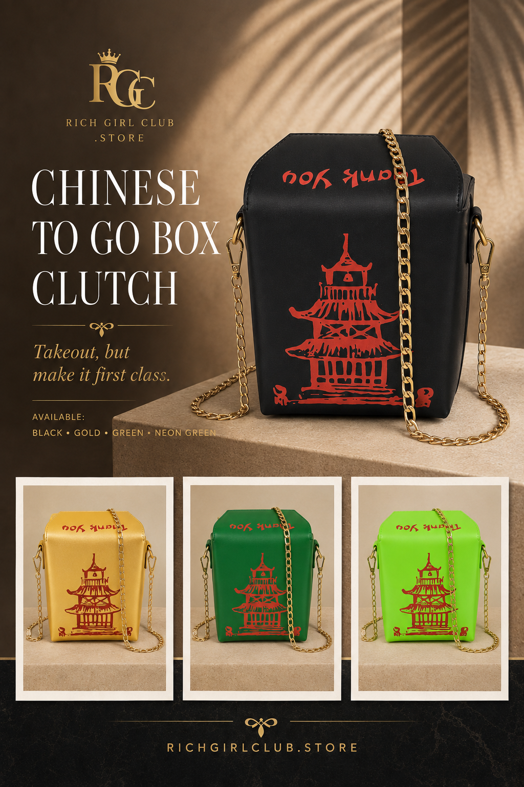 Chinese To Go Box Clutch RGC detail showing currently available Black Gold Green and Neon Green colors