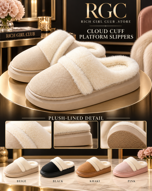 Beige Cloud Cuff Platform Slippers with close views of the plush lining, cloth outer, platform sole, outsole, and four available colors.