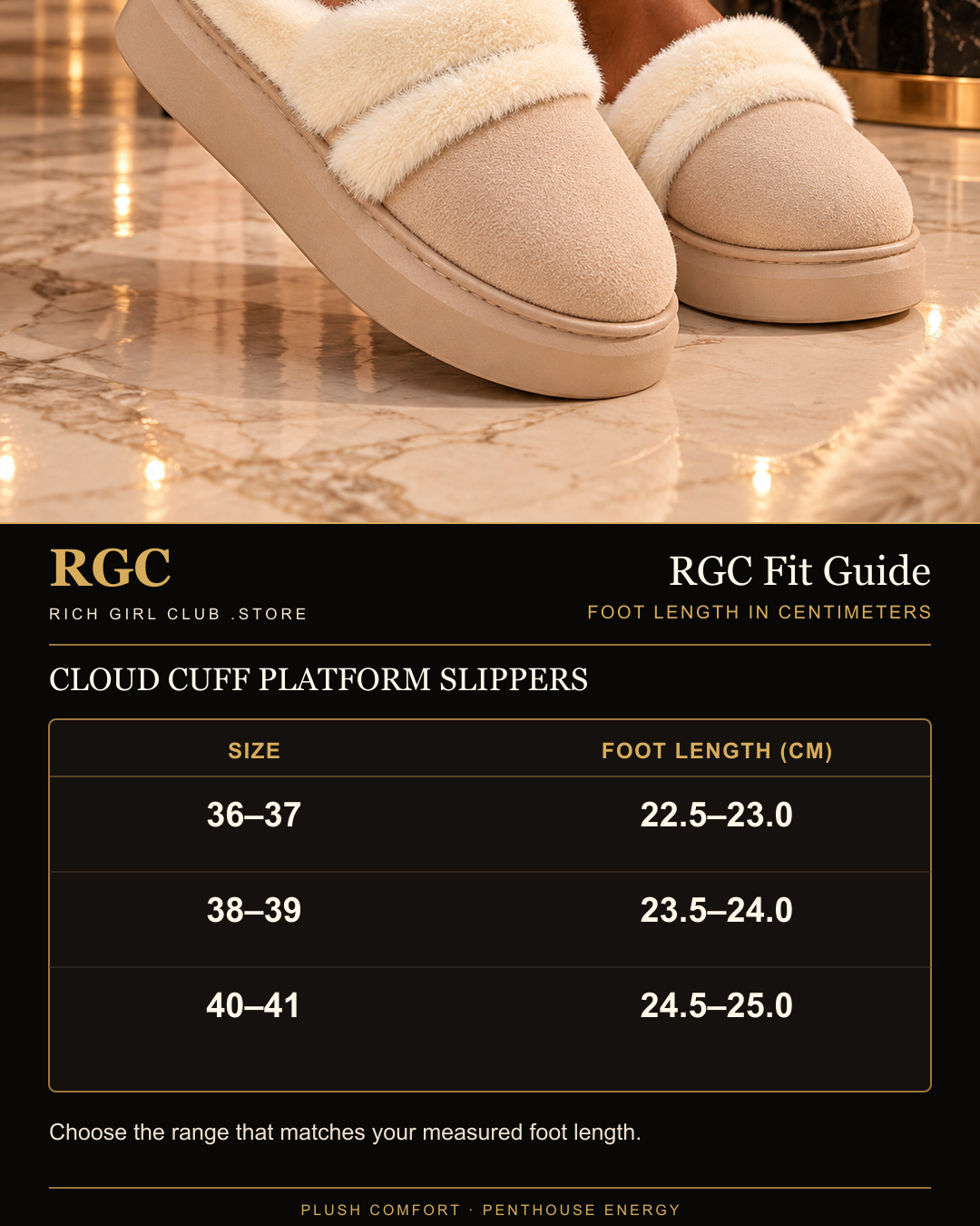 RGC Fit Guide for Cloud Cuff Platform Slippers showing size ranges 36–37, 38–39, and 40–41 with foot lengths in centimeters.