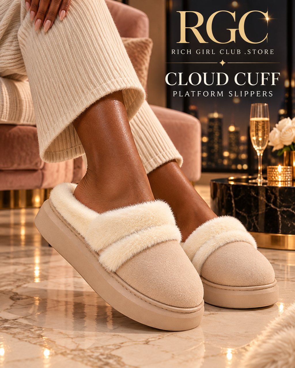 Close-up luxury campaign showing an adult model wearing beige Cloud Cuff Platform Slippers.