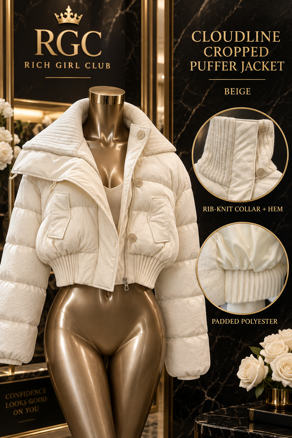 Beige RGC Cloudline Cropped Puffer Jacket with rib-knit collar, hem, closure, and pocket details.