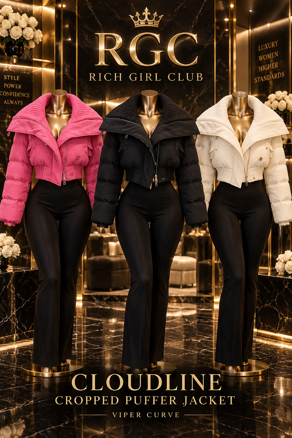 RGC Cloudline Cropped Puffer Jacket on three curvy bronze mannequins in Rose Red, Black, and Beige.