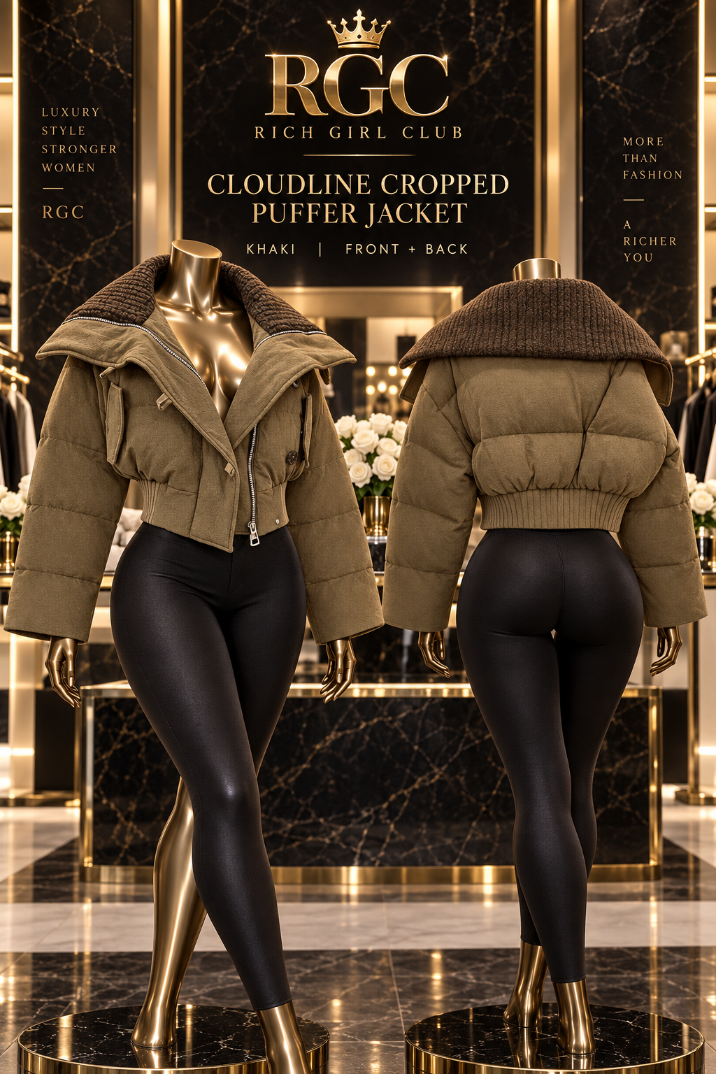 Front and back views of the Khaki RGC Cloudline Cropped Puffer Jacket on curvy bronze mannequins.