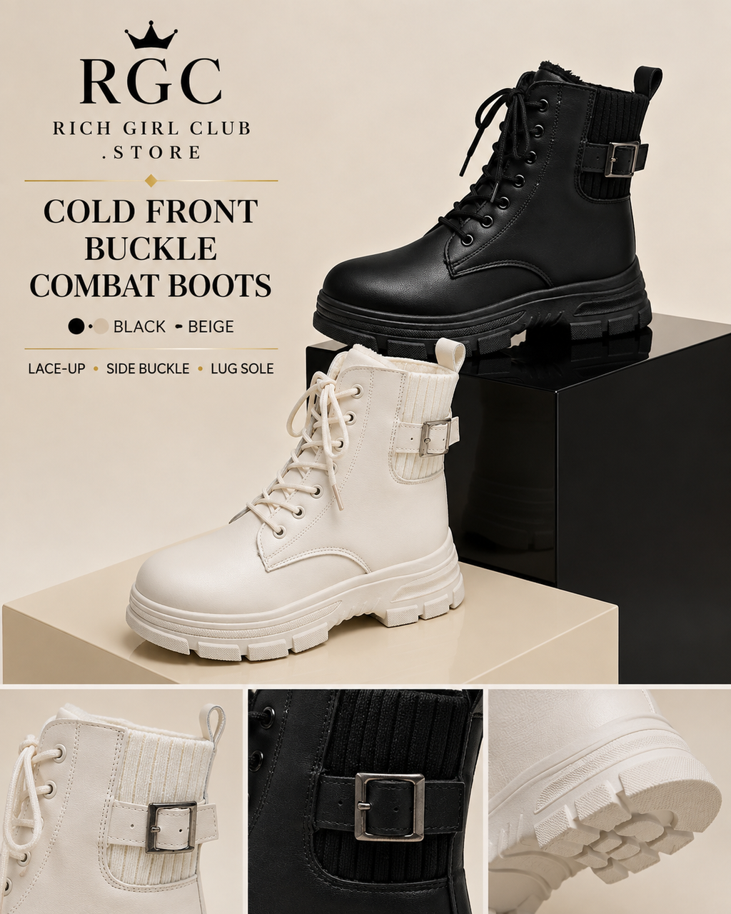 Black and beige Cold Front Buckle Combat Boots showing laces, side buckles and lug soles