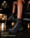 RGC campaign close-up of black Cold Front Buckle Combat Boots on a model with warm brown skin