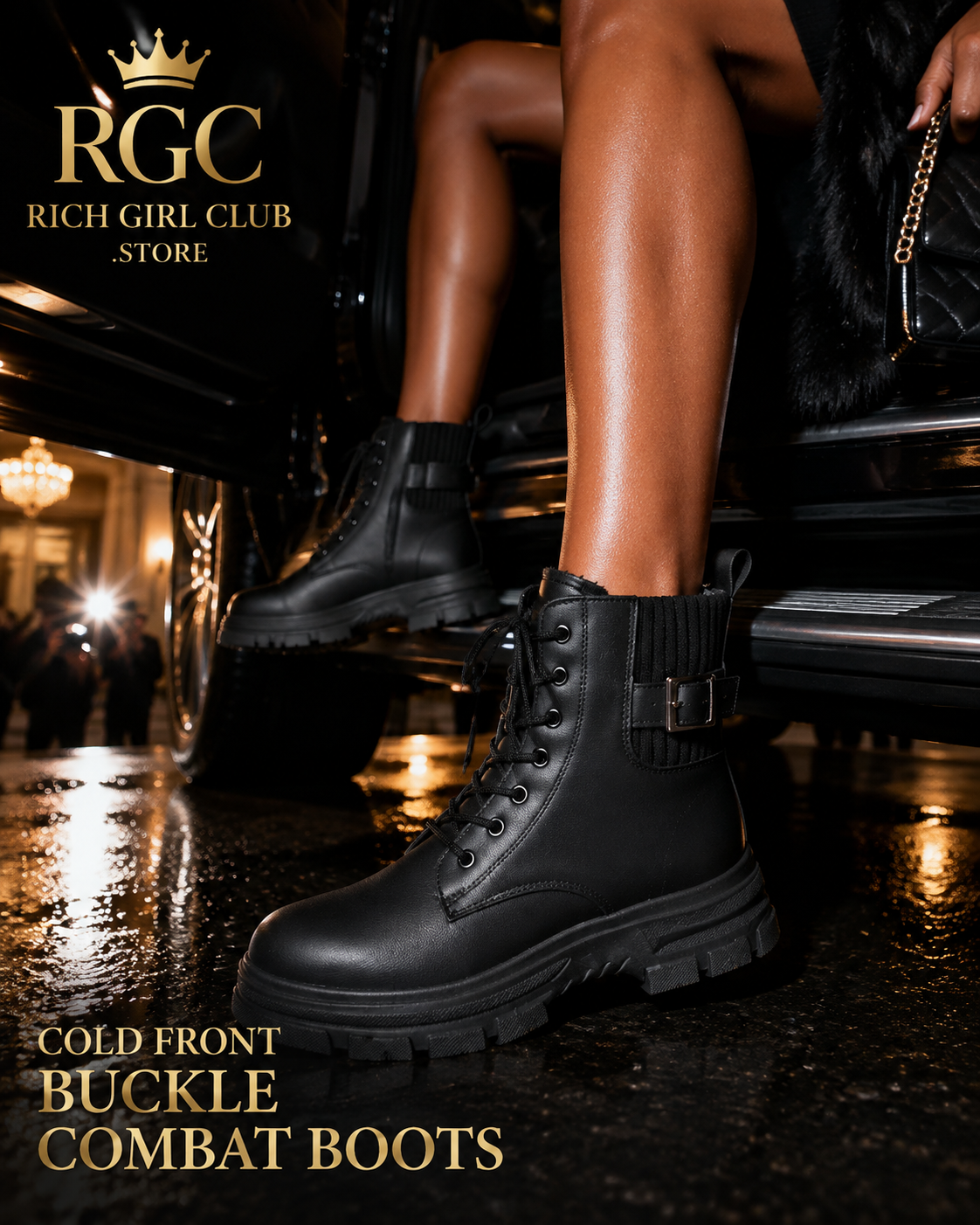 RGC campaign close-up of black Cold Front Buckle Combat Boots on a model with warm brown skin
