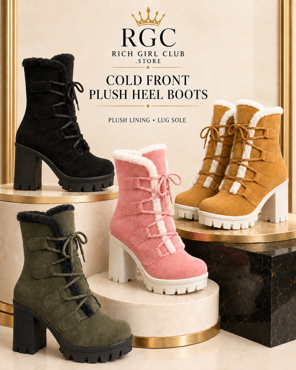 Cold Front Plush Heel Boots detail showing four colors, plush lining, lace-up fronts and lug soles