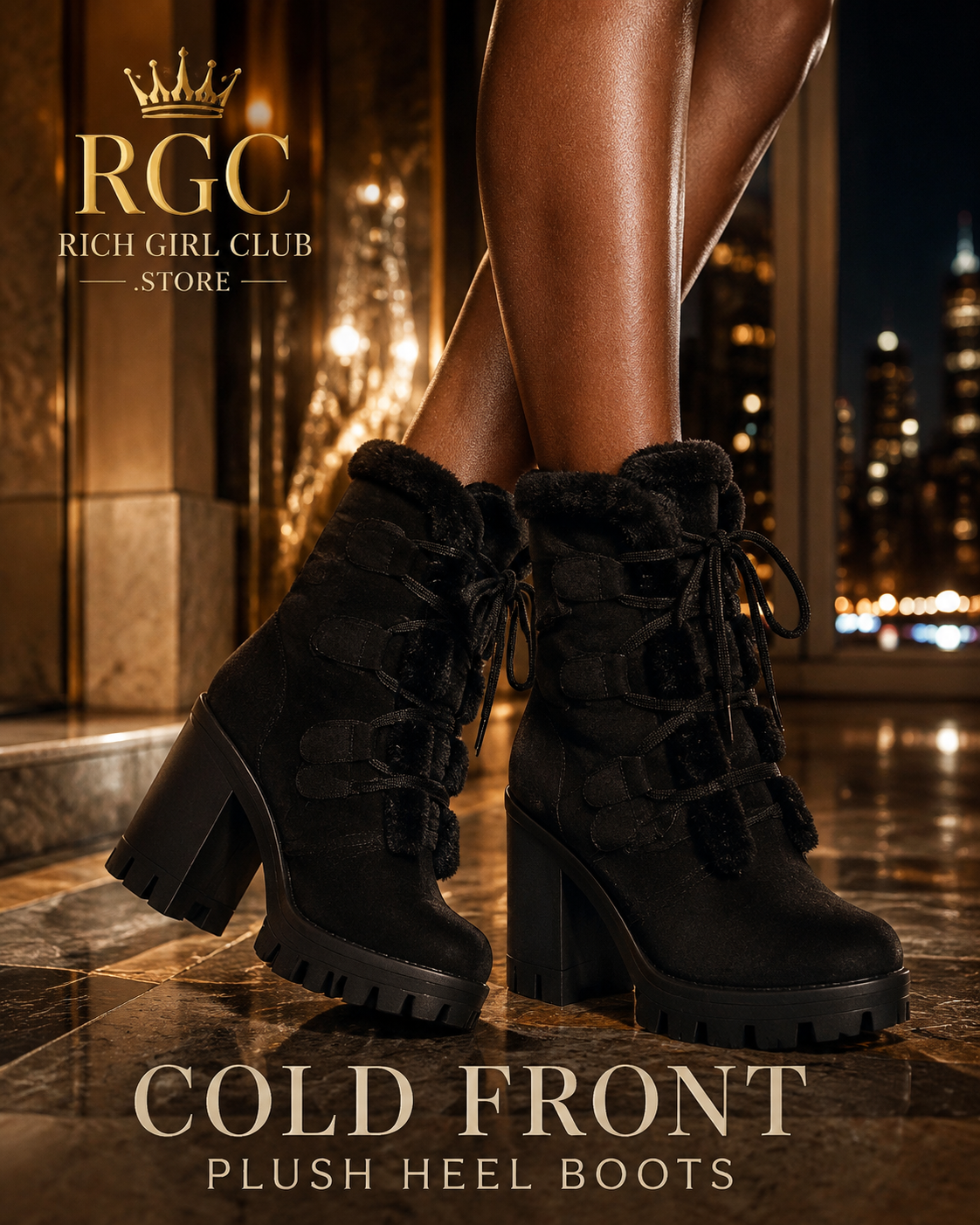 RGC close-up campaign of black Cold Front Plush Heel Boots on a model with warm luminous brown skin