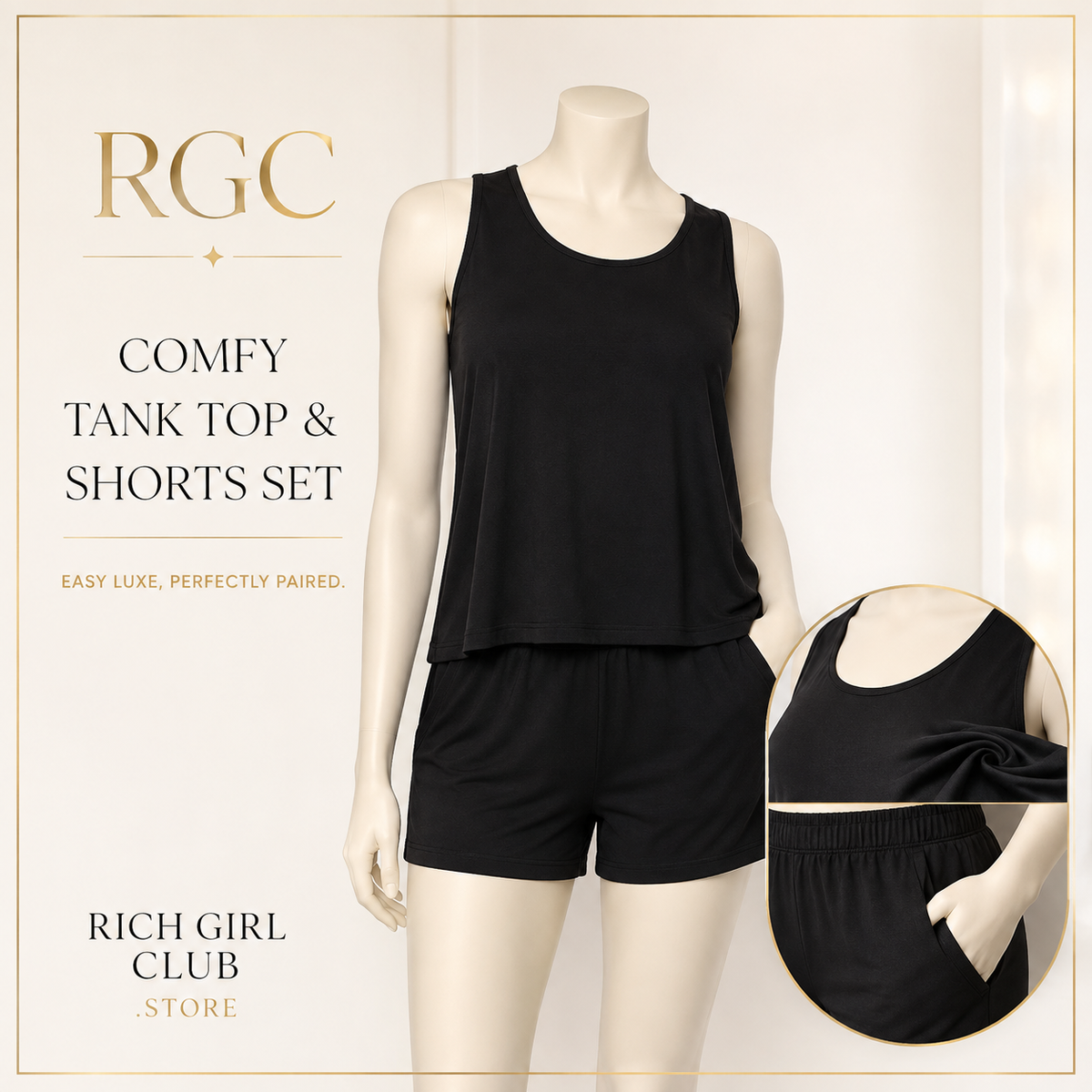 RGC mannequin detail of the black Comfy Tank Top & Shorts Set with scoop neck, elastic waist and side pocket