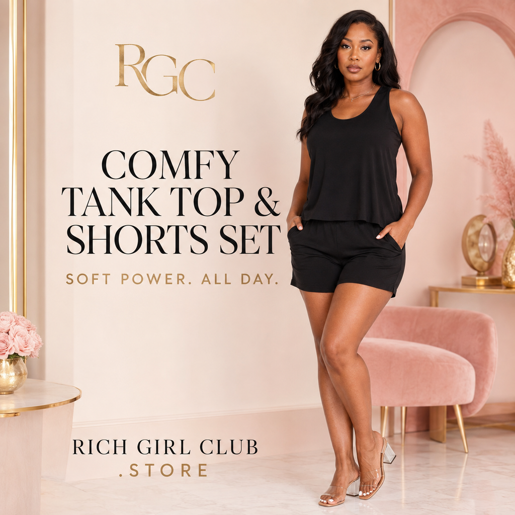 RGC campaign model wearing the black Comfy Tank Top & Shorts Set