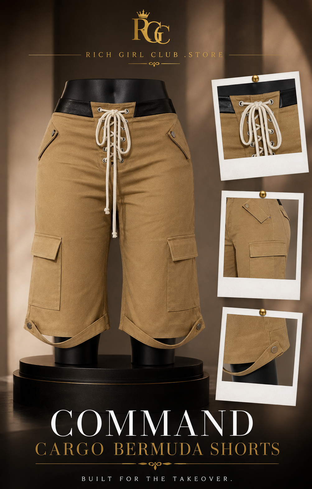 RGC mannequin detail campaign showing the khaki Command Cargo Bermuda Shorts