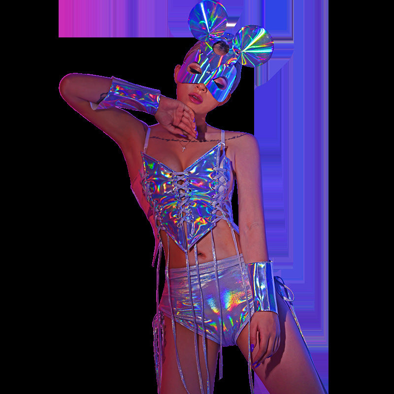 Cosmic Muse Set image 3, showing the holographic five-piece costume set with top, shorts, headgear, one sleeve or cuff, and one leg cover.