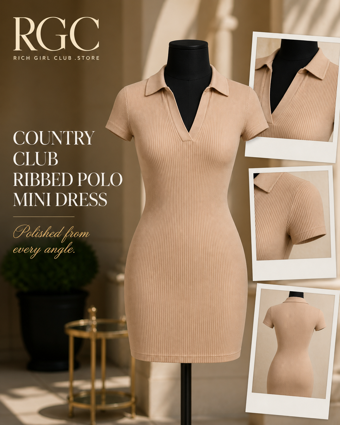 Country Club Ribbed Polo Mini Dress RGC mannequin board showing open collar, rib knit, sleeve and fitted back