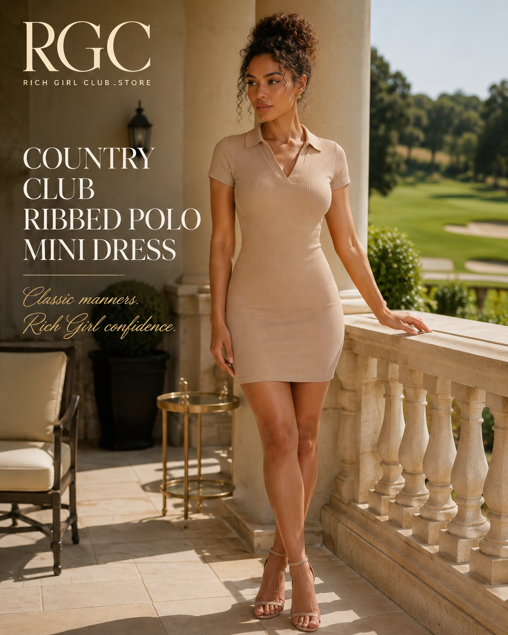 Country Club Ribbed Polo Mini Dress RGC campaign model wearing latte rib-knit bodycon polo dress